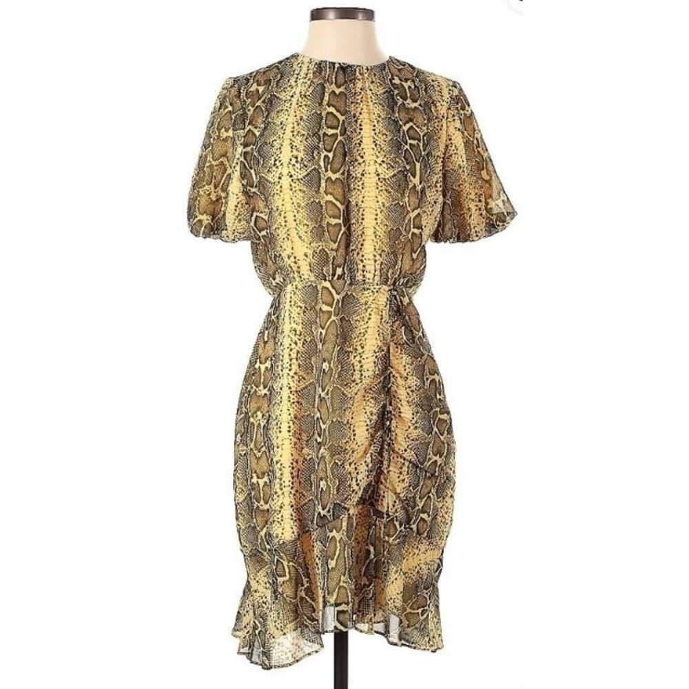 Sam Edelman Yellow Snake Print Flowy Gauzy Sheer‎ Knee Length Dress L 12